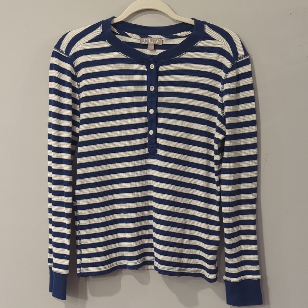 J. Crew Waffle Henley‎ Top Long Sleeve Striped Navy White size Medium